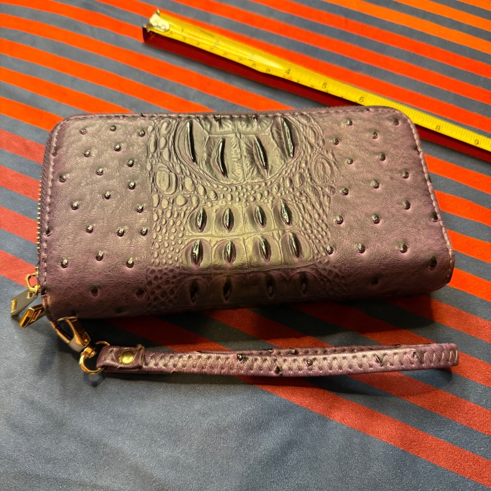Purple Croc‎ Ostrich Embossed Double Zip Wristlet Wallet Organizer Clutch Y2K - Picture 7 of 8